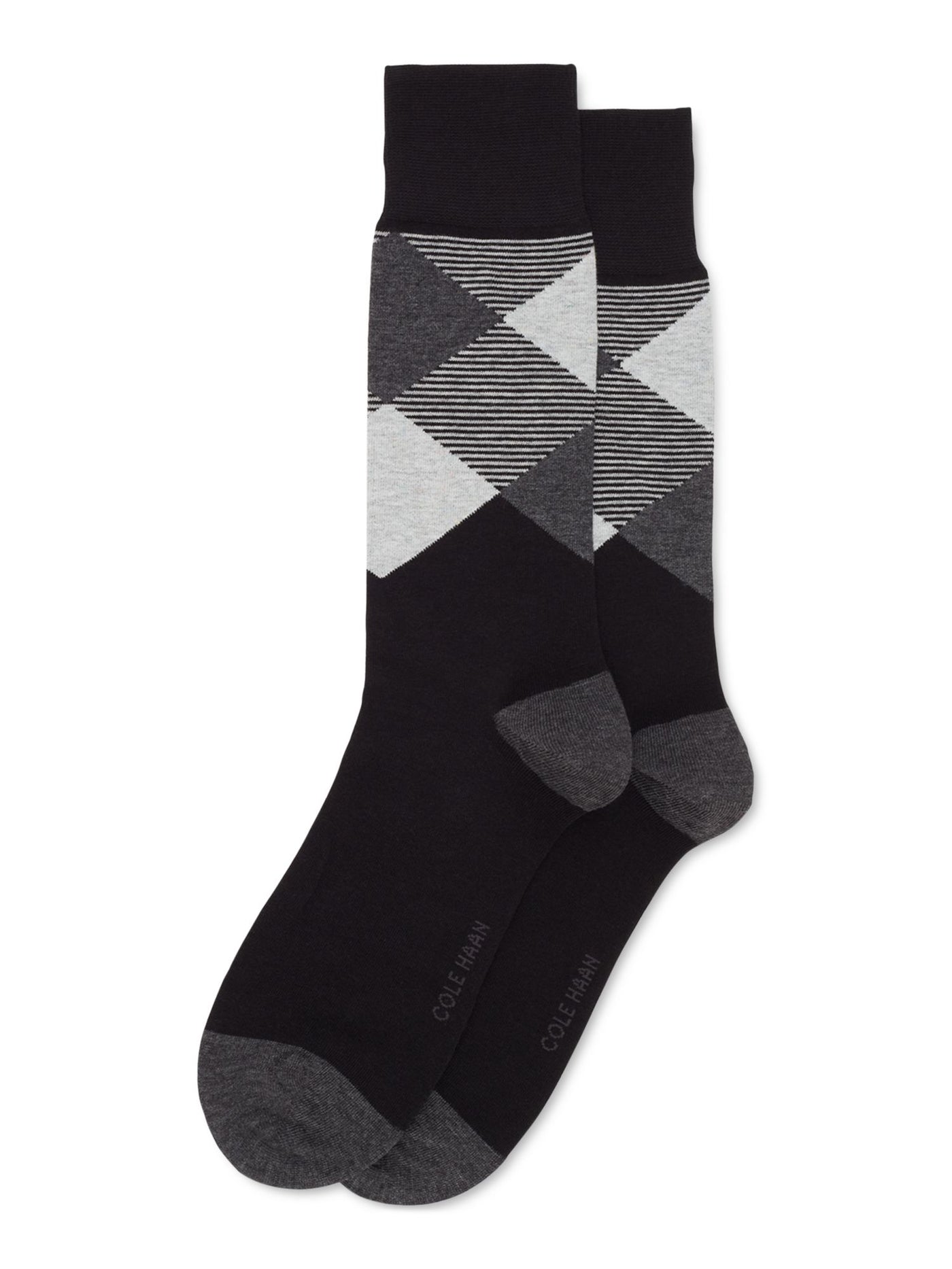 COLE HAAN Mens Black Cotton Check Contrast Heel Seamless Toe Silicone Heel Gripper Moisture Wicking Dress Crew Socks 7-12