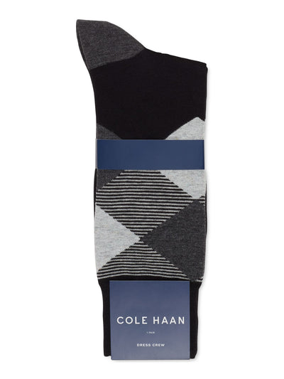 COLE HAAN Mens Black Cotton Check Contrast Heel Seamless Toe Silicone Heel Gripper Moisture Wicking Dress Crew Socks 7-12