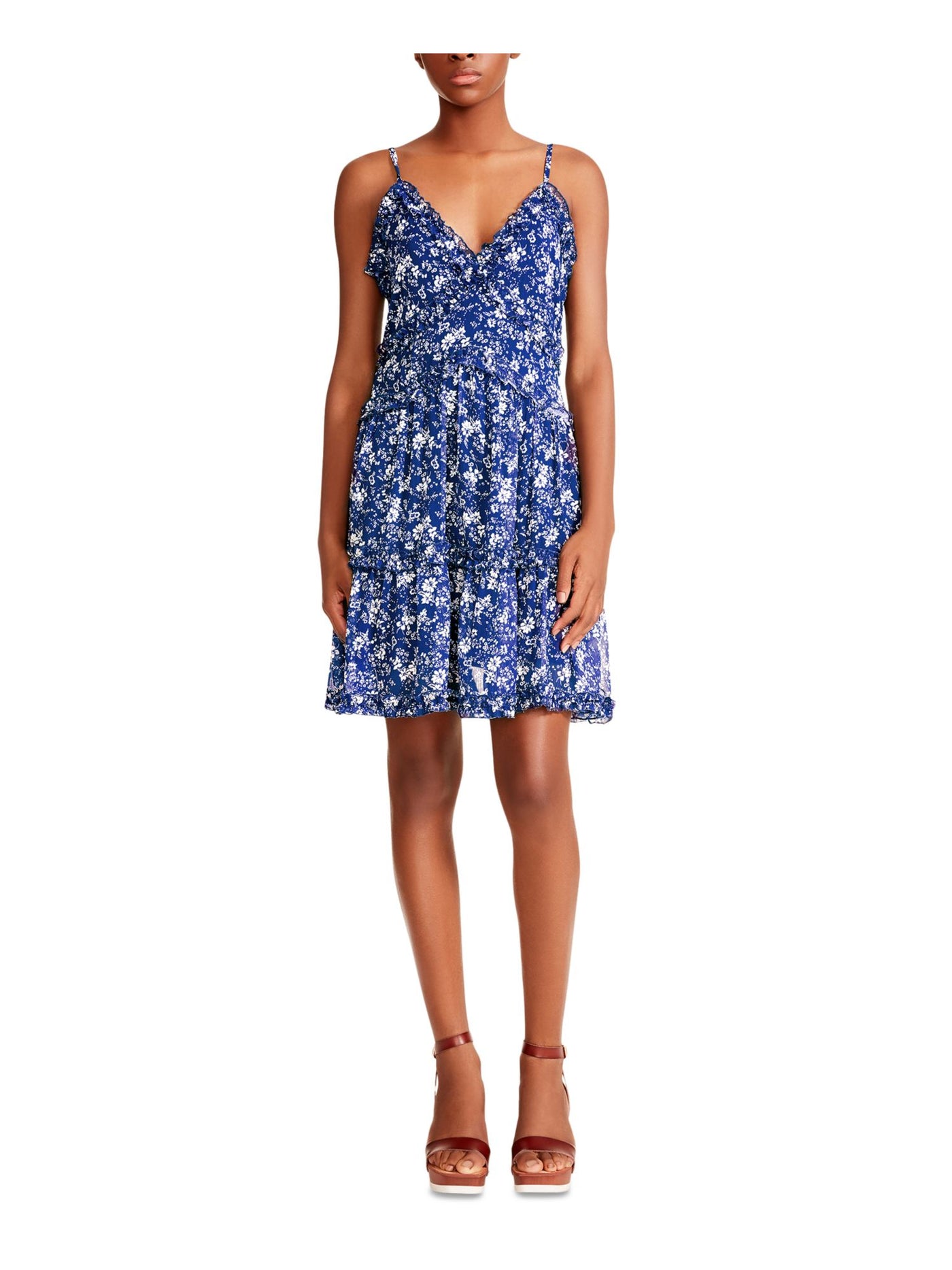 MADDEN GIRL Womens Blue Printed Spaghetti Strap V Neck Above The Knee Party Ruffled Dress XXL