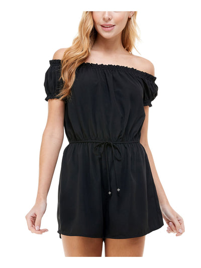 KINGSTON GREY Womens Black Ruffled Tie Short Sleeve Off Shoulder Romper XS