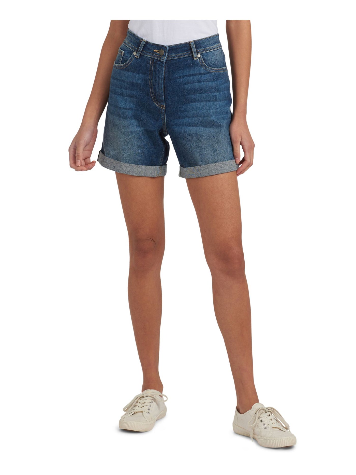 BARBOUR Womens Blue Denim Zippered Pocketed Cuffed Stretch High Waist Shorts 14