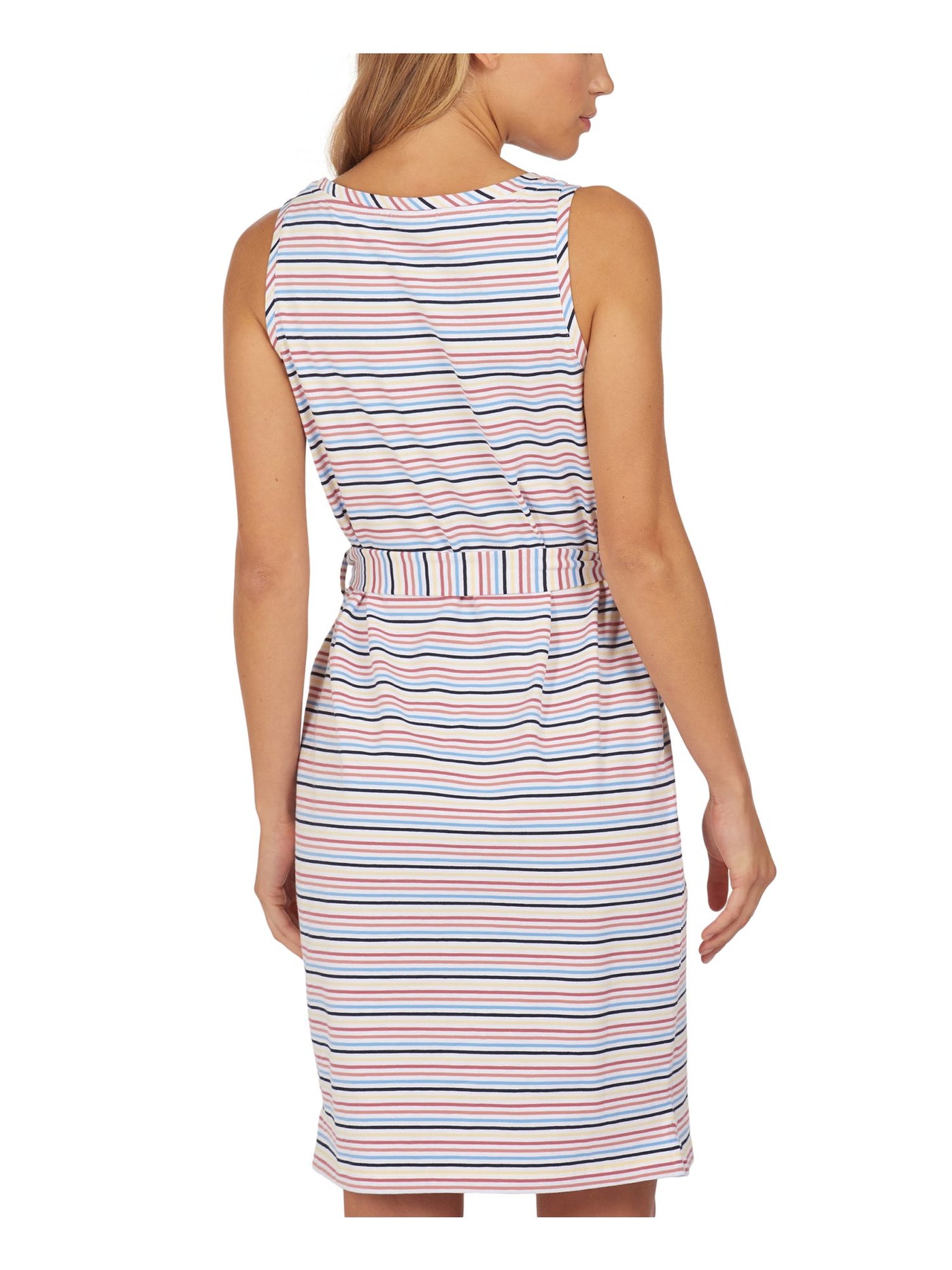 BARBOUR Womens White Stretch Pocketed Belted Vented Hem Striped Sleeveless Scoop Neck Above The Knee Sheath Dress 6