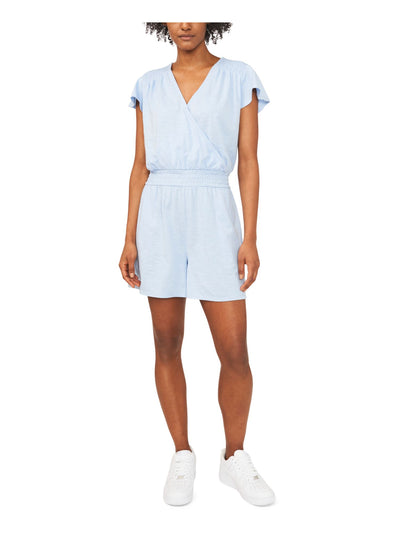 RILEY&RAE Womens Light Blue Stretch Pocketed Smocked Flutter Sleeve Surplice Neckline Romper XS