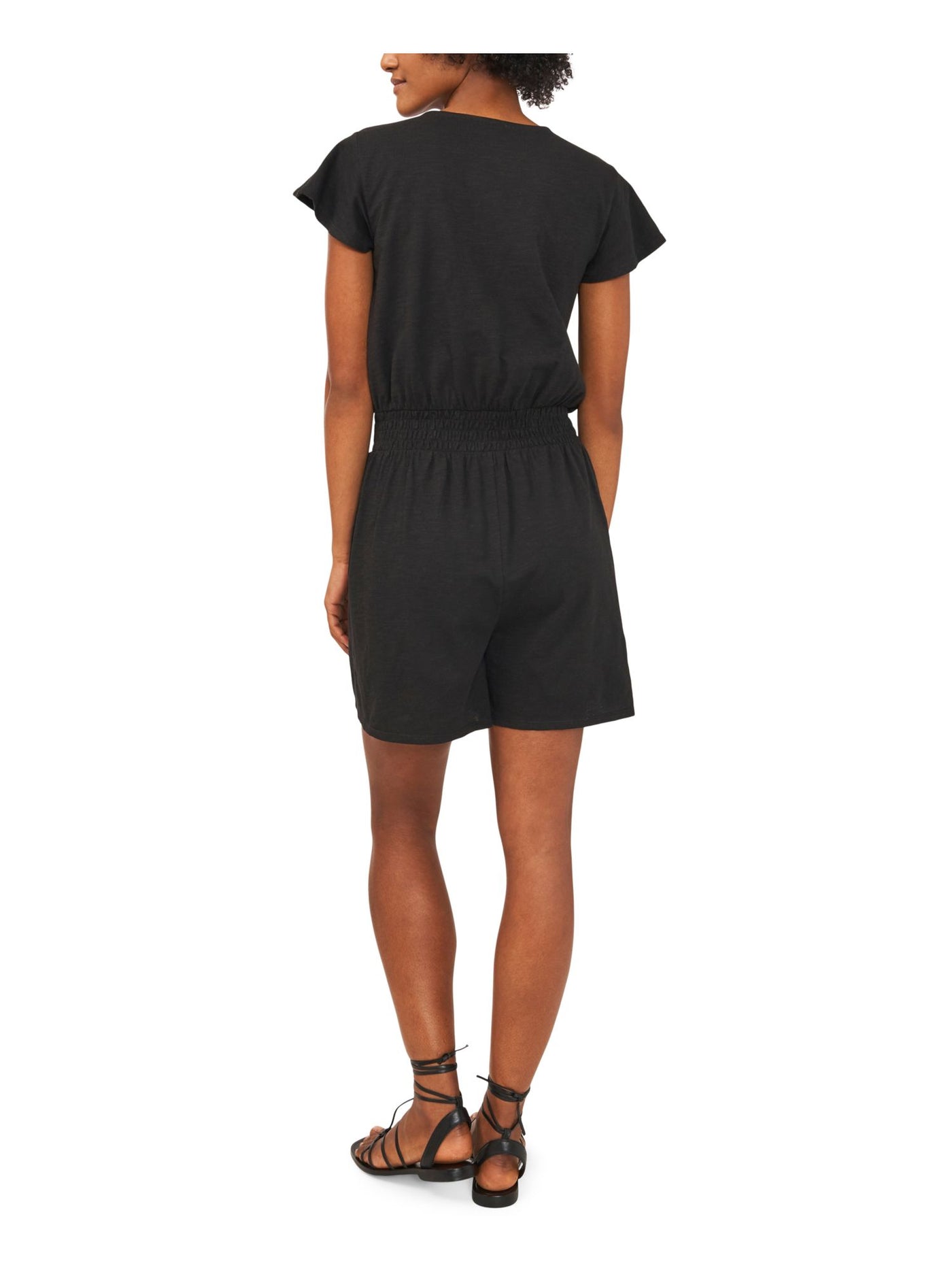 RILEY&RAE Womens Black Stretch Pocketed Smocked Flutter Sleeve Surplice Neckline Romper XS