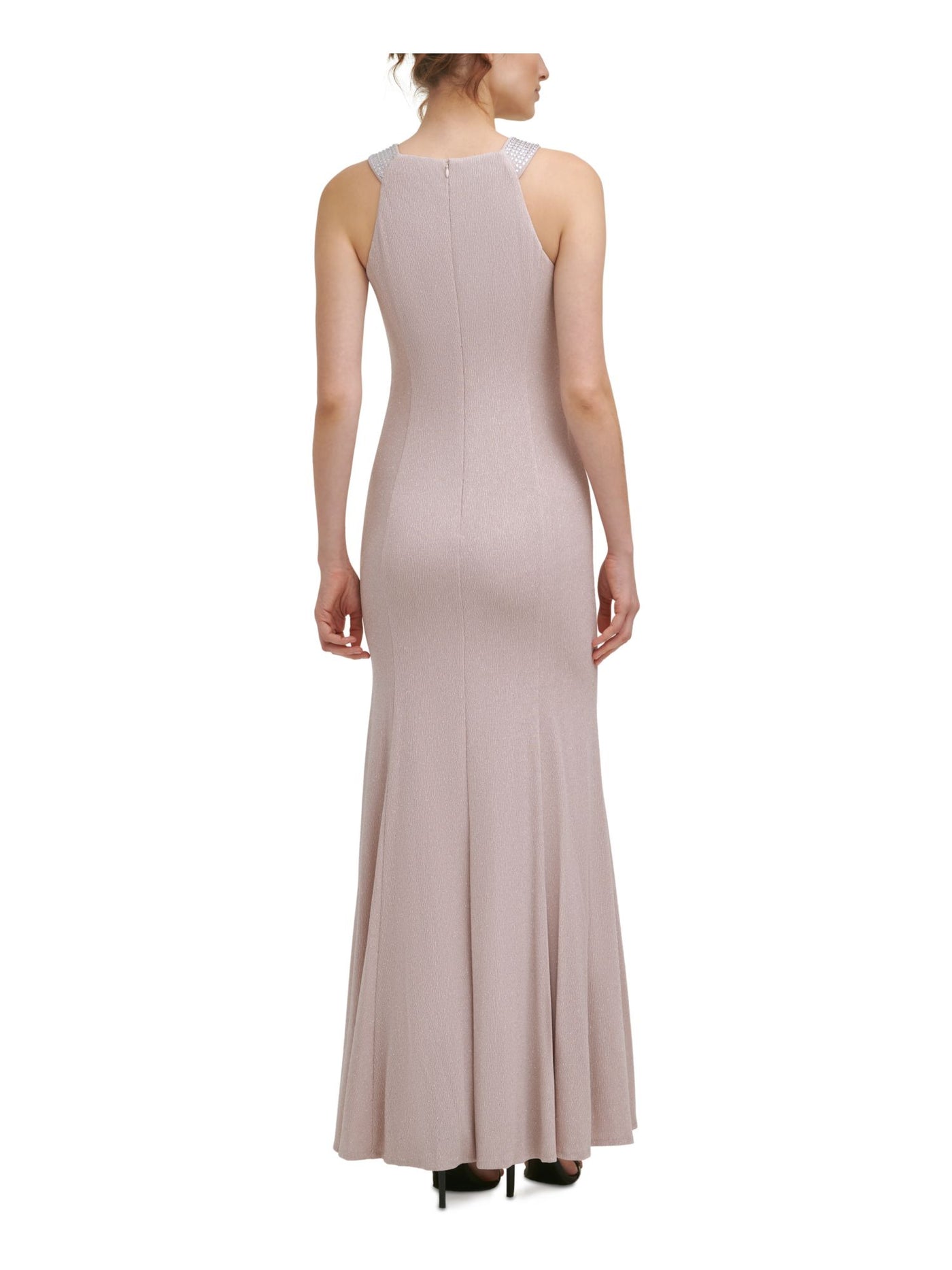 CALVIN KLEIN Womens Beige Stretch Zippered Embellished Halter Full-Length Evening Gown Dress 14