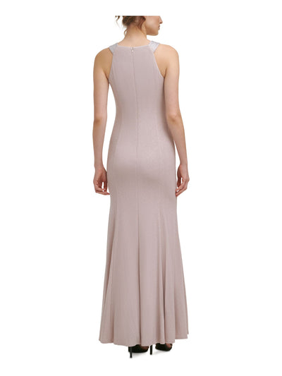 CALVIN KLEIN Womens Beige Stretch Zippered Embellished Halter Full-Length Evening Gown Dress 8