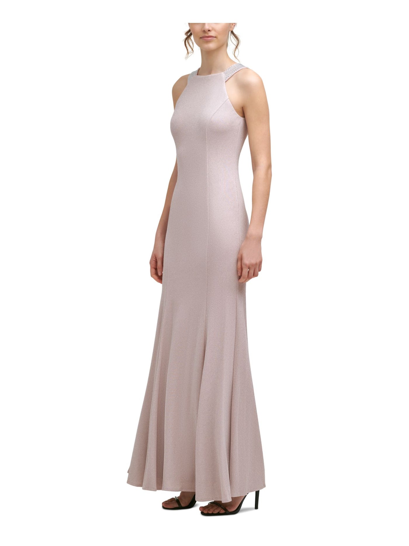 CALVIN KLEIN Womens Pink Stretch Zippered Embellished Halter Full-Length Evening Gown Dress 16