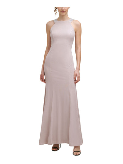 CALVIN KLEIN Womens Beige Stretch Zippered Embellished Halter Full-Length Evening Gown Dress 14