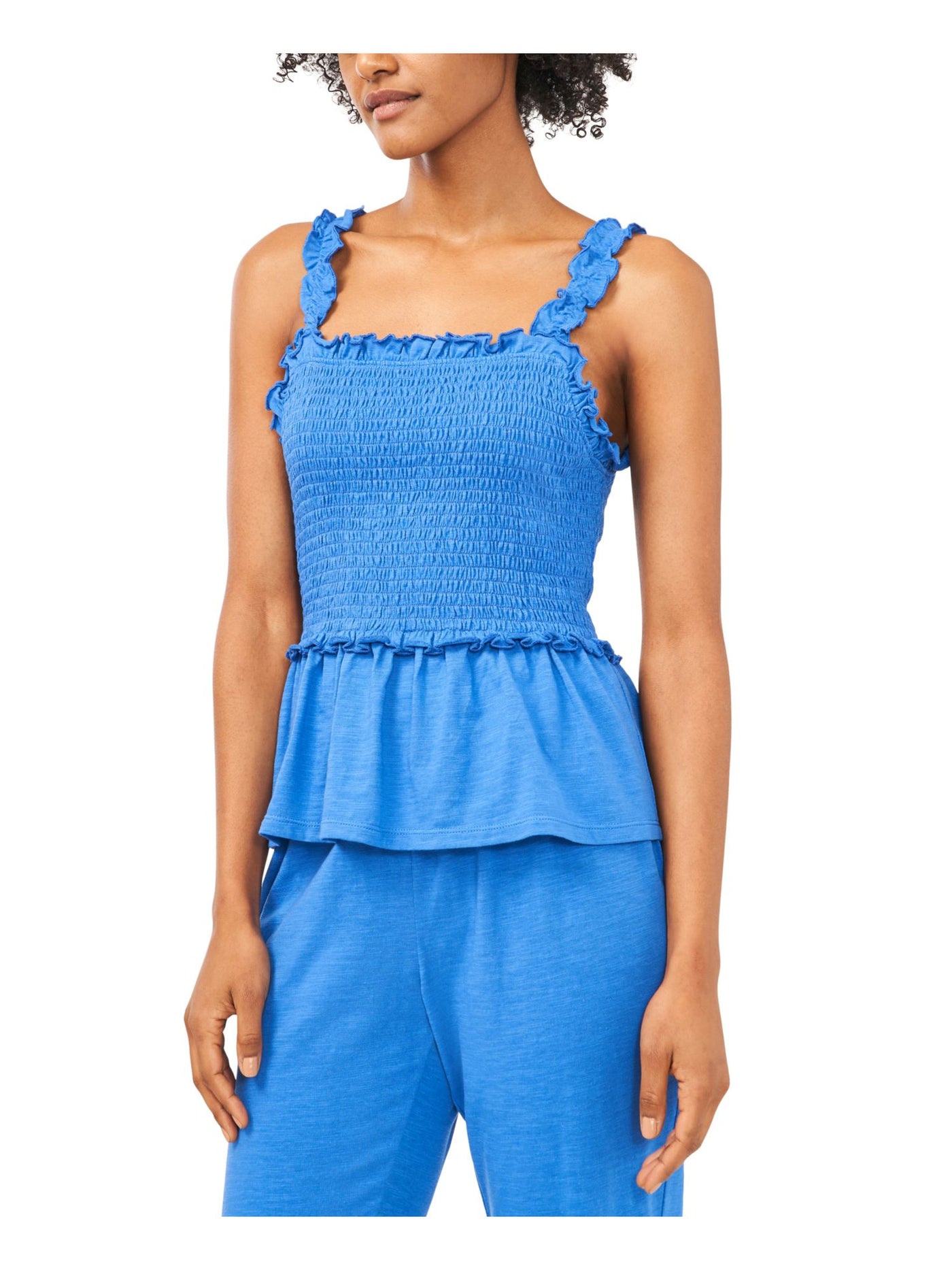 RILEY&RAE Womens Blue Stretch Smocked Ruffled Tank Sleeveless Square Neck Peplum Top XL