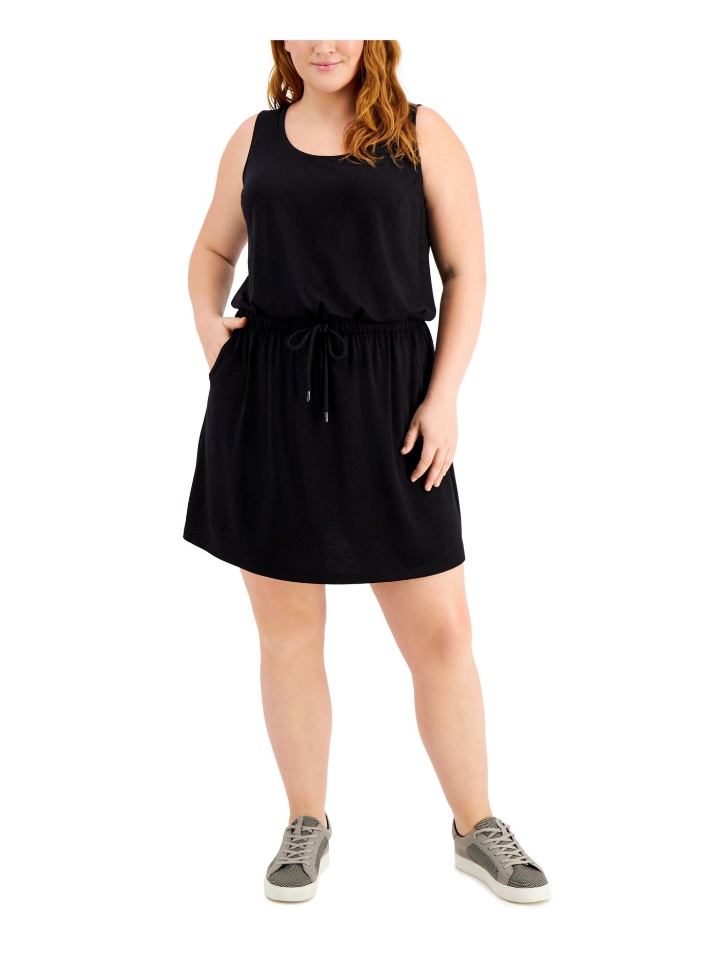 IDEOLOGY Womens Black Pocketed Drawstring Sleeveless Round Neck Short Shift Dress Plus 1X