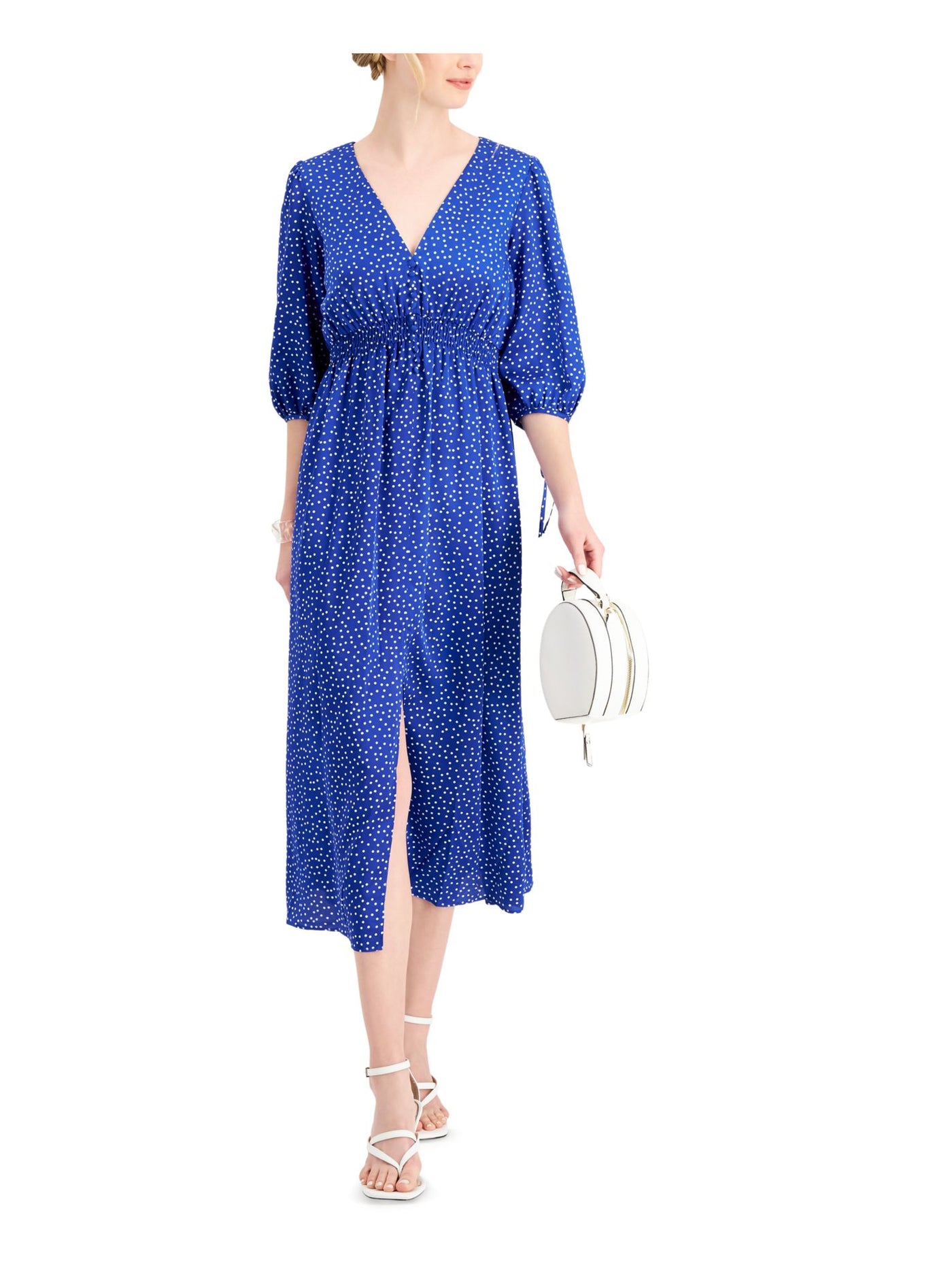 TAYLOR Womens Blue Smocked Zippered Tie Slitted Polka Dot Blouson Sleeve V Neck Midi Party Sheath Dress 6