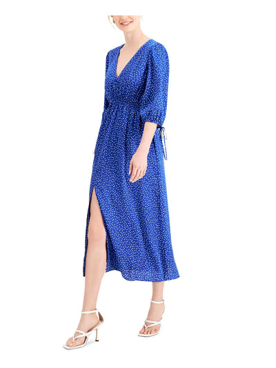 TAYLOR Womens Blue Smocked Zippered Tie Slitted Polka Dot Blouson Sleeve V Neck Midi Party Sheath Dress 6