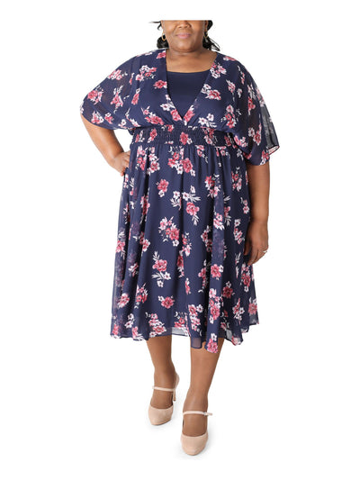 ROBBIE BEE Womens Navy Smocked Sheer Floral Elbow Sleeve Surplice Neckline Midi Party Fit + Flare Dress Plus S