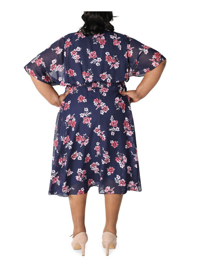 SIGNATURE BY ROBBIE BEE Womens Navy Smocked Sheer Floral Elbow Sleeve Surplice Neckline Midi Party Fit + Flare Dress Plus 20W
