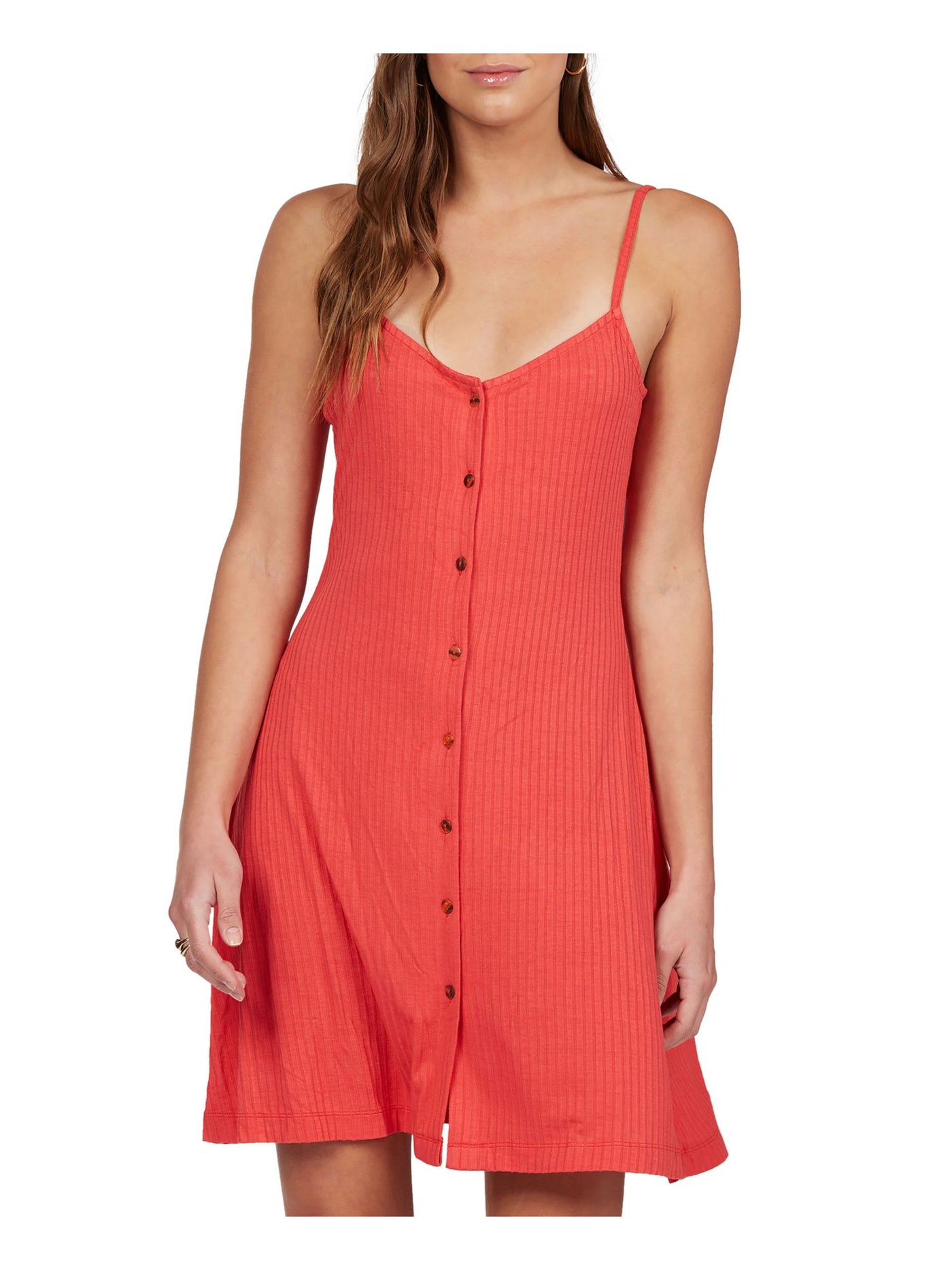 ROXY Women's Red Stretch Button Front Deep V Neck Ribbed Dream Swimsuit Cover Up M