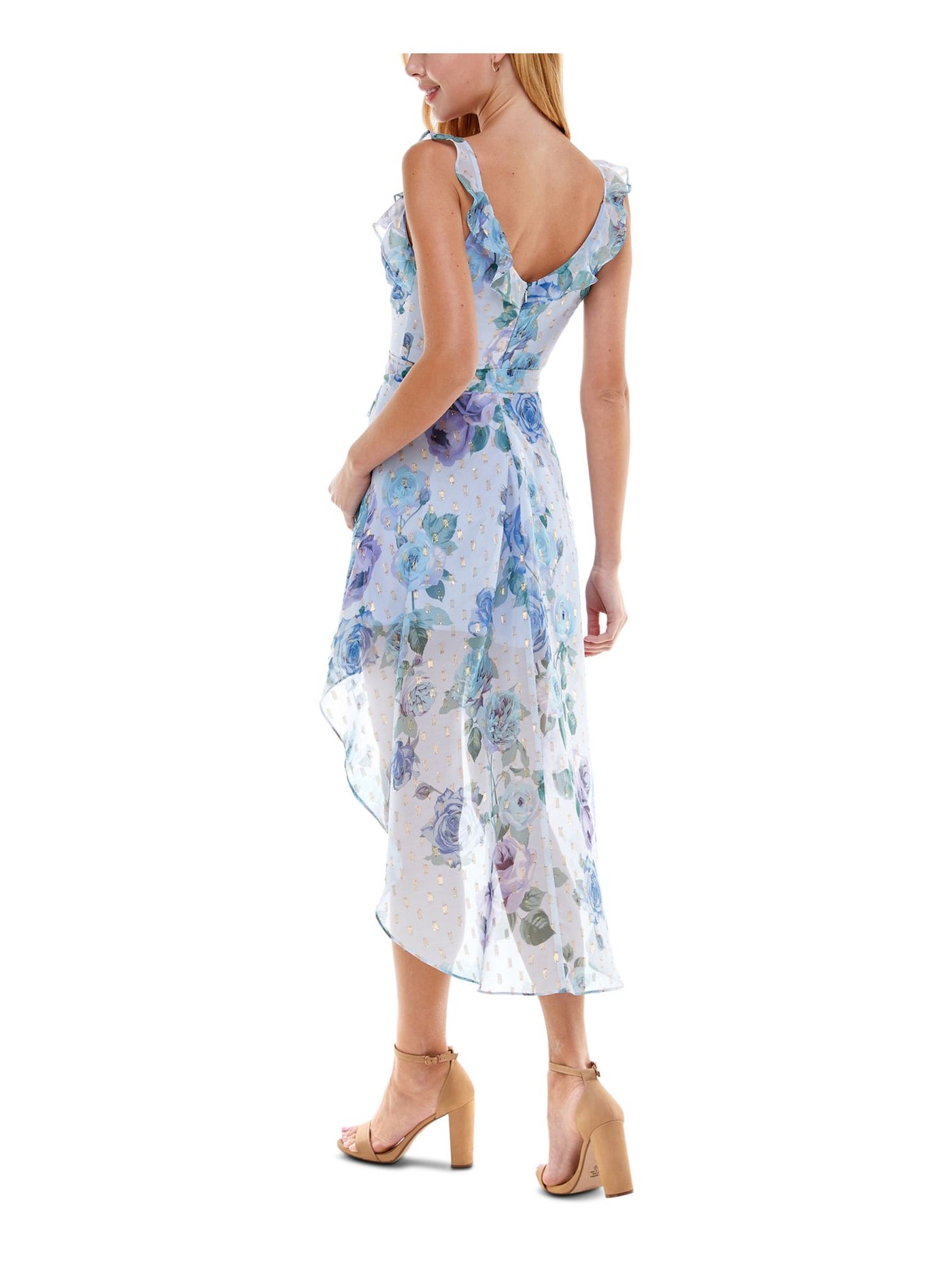 CITY STUDIO Womens Purple Ruffled Sheer Floral Sleeveless V Neck Midi Evening Hi-Lo Dress 11