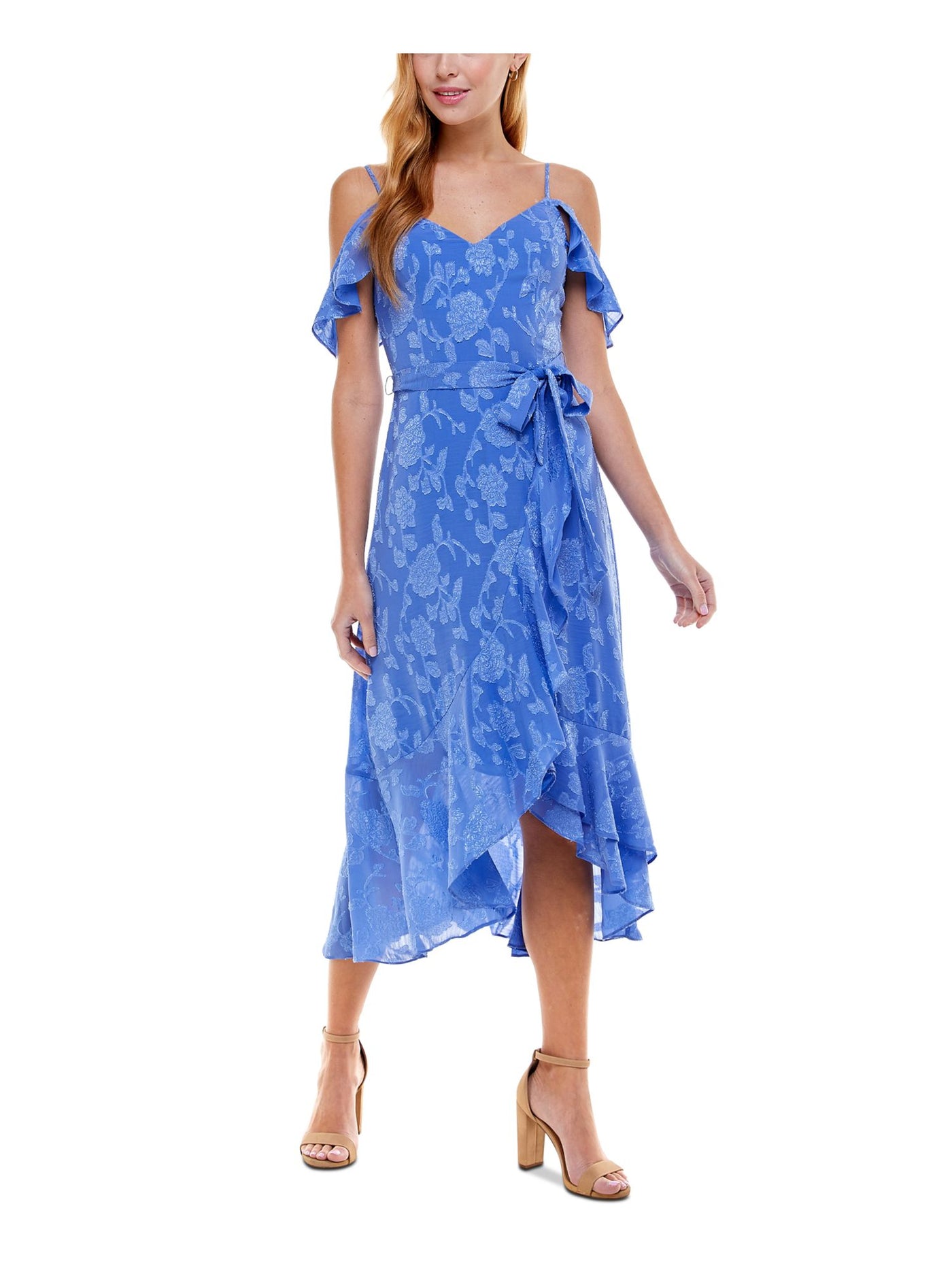 CITY STUDIO Womens Blue Cold Shoulder Zippered Belted Floral Flutter Sleeve Midi Evening Faux Wrap Dress 15