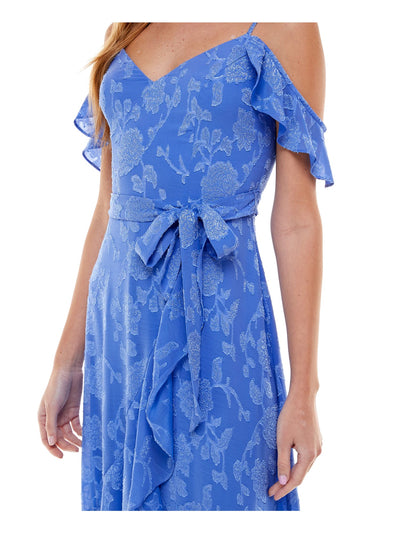 CITY STUDIO Womens Blue Cold Shoulder Zippered Belted Floral Flutter Sleeve Midi Evening Faux Wrap Dress 15