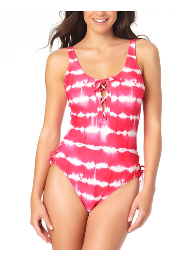 CALIFORNIA WAVES Women's Pink Tie Dye Stretch REMOVABLE CUPS Moderate Coverage Scoop Neck One Piece Swimsuit S