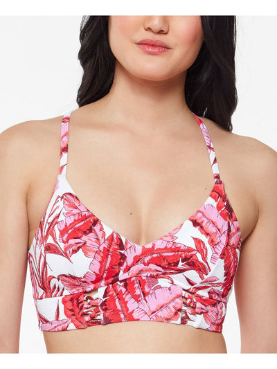 JESSICA SIMPSON Women's Pink Printed Stretch Cropped Cami Bikini Lace-Up Adjustable Deep V Neck Paradiso Palm Swimsuit Top S