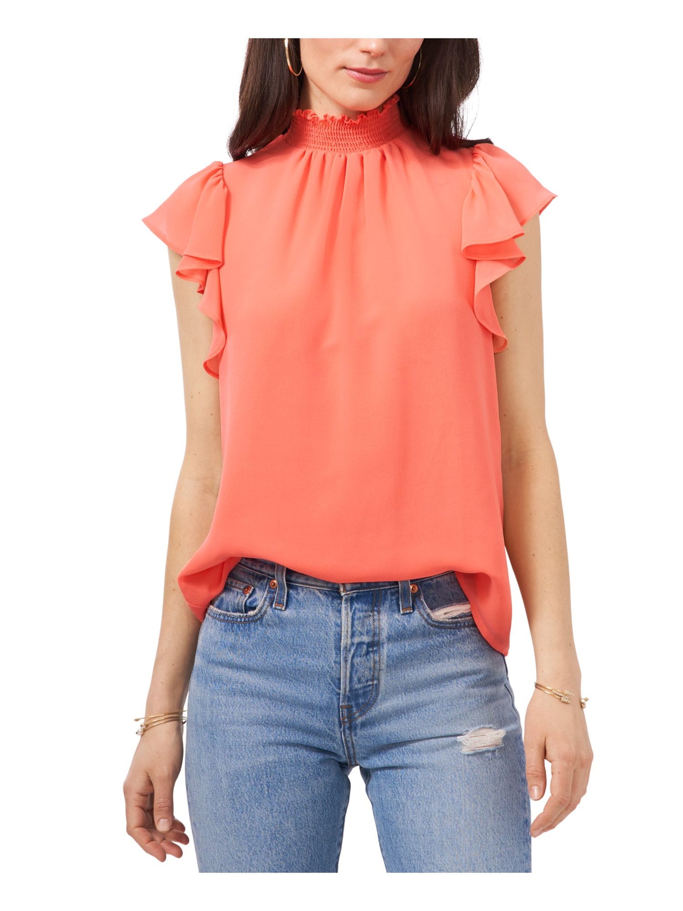 1. STATE Womens Flutter Sleeve Turtle Neck Ruffled Blouse Top
