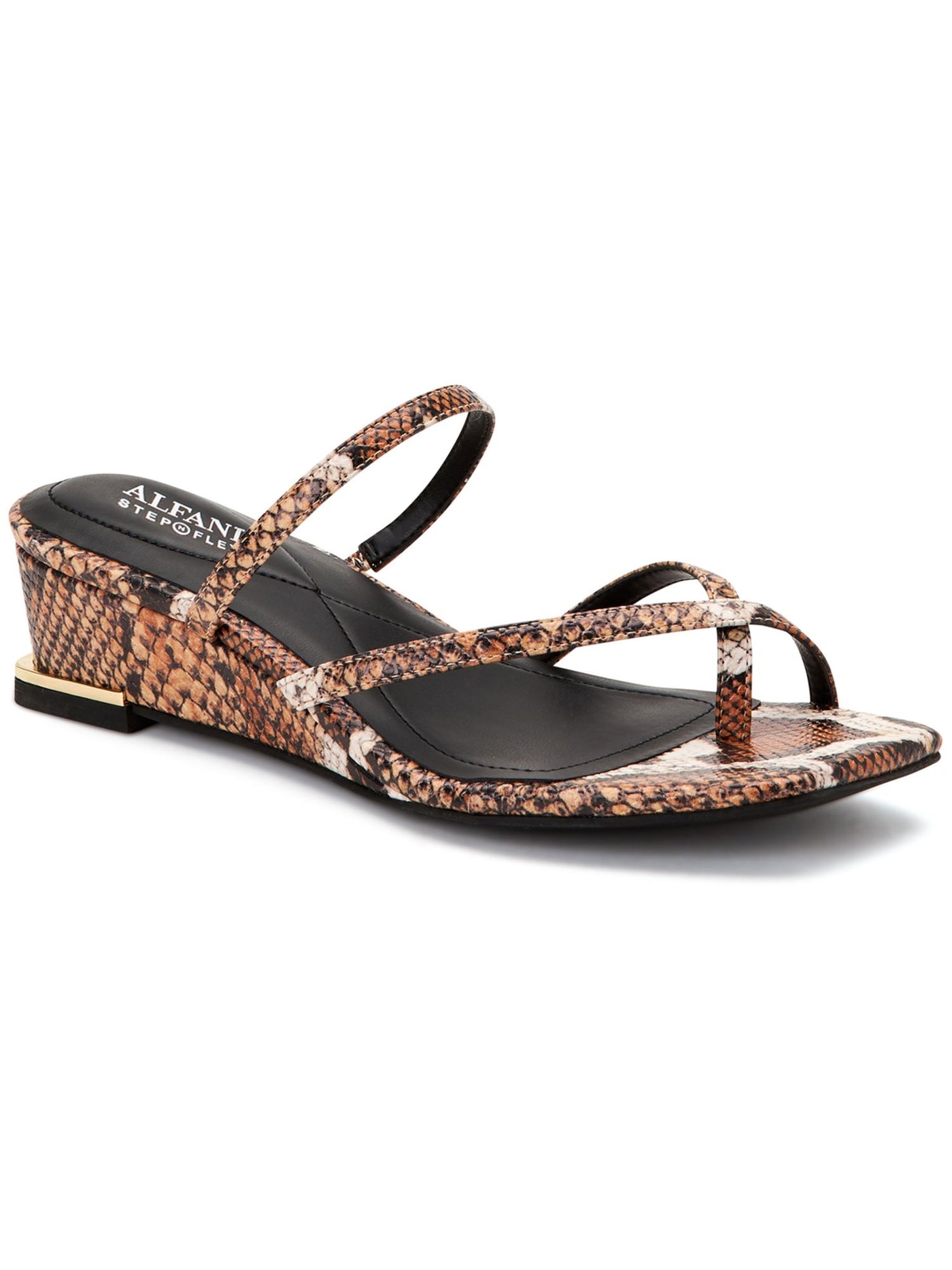 ALFANI Womens Brown Snake Print Toe Loop Asymmetrical Strappy Padded Eadyn Square Toe Wedge Slip On Slide Sandals Shoes 7.5 M