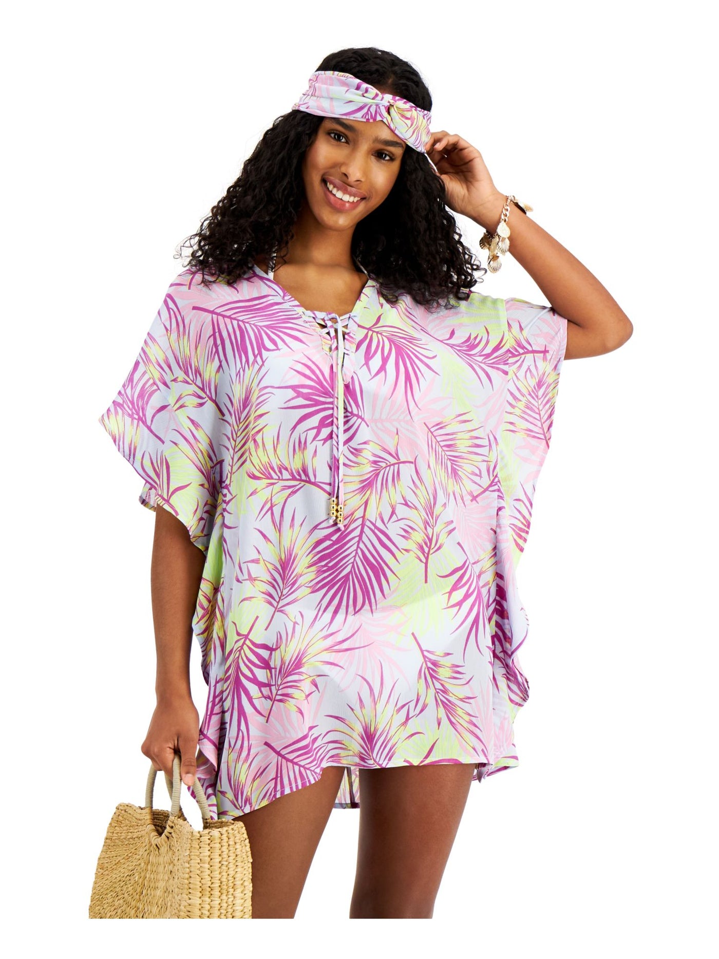 MIKEN Women's Purple Tropical Print Flutter Sleeves Deep V Neck Tie Swimsuit Cover Up XS