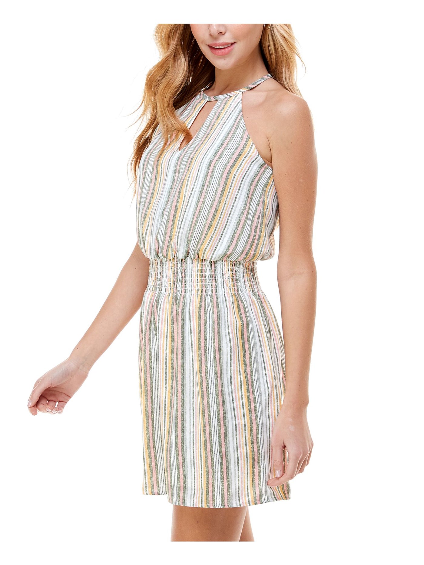 CITY STUDIO Womens Ivory Striped Sleeveless Halter Mini A-Line Dress S