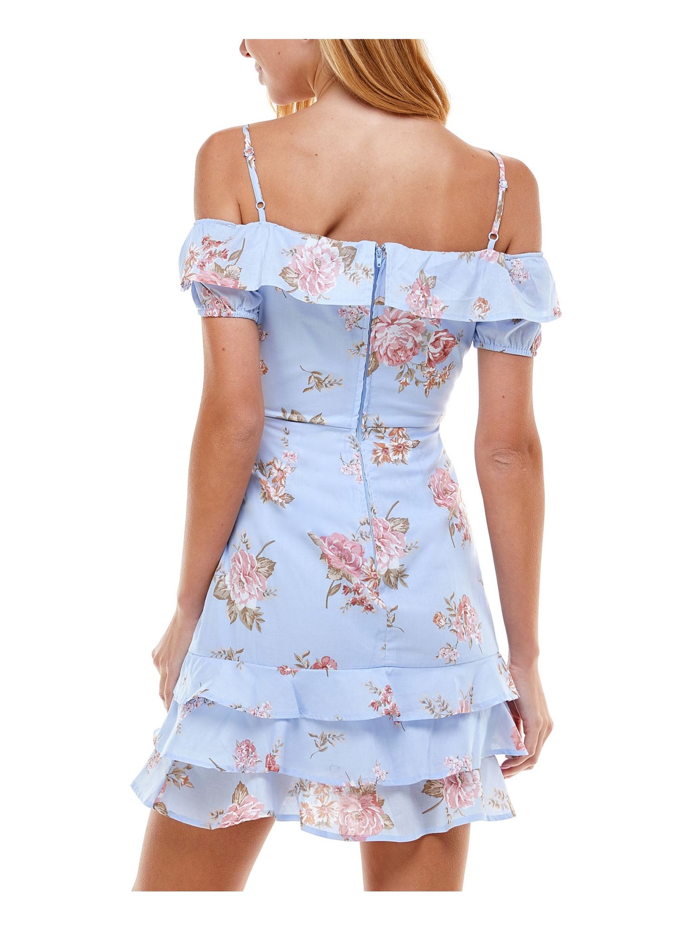 CITY STUDIO Womens Blue Zippered Ruffled Short Sleeves Tiered Hem Floral Spaghetti Strap Off Shoulder Short Party Sheath Dress 13