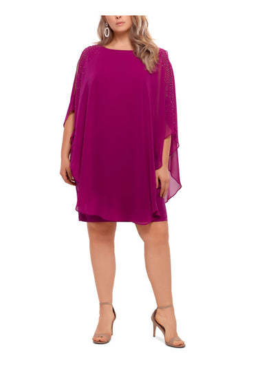 XSCAPE Womens Purple Stretch Cold Shoulder Chiffon Overlay Elbow Sleeve Boat Neck Above The Knee Evening Shift Dress Plus 22W