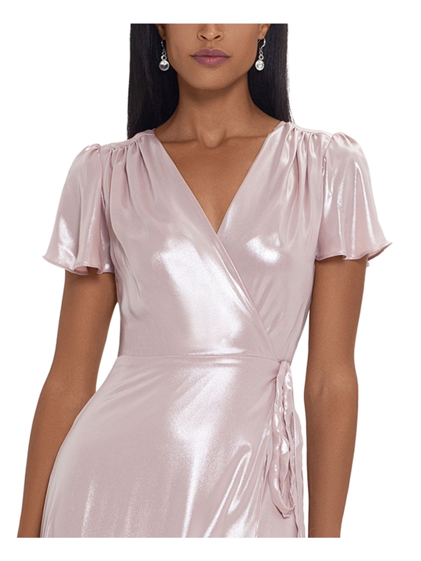 XSCAPE Womens Pink Tie Shine Flutter Sleeve Surplice Neckline Midi Evening Wrap Dress 4