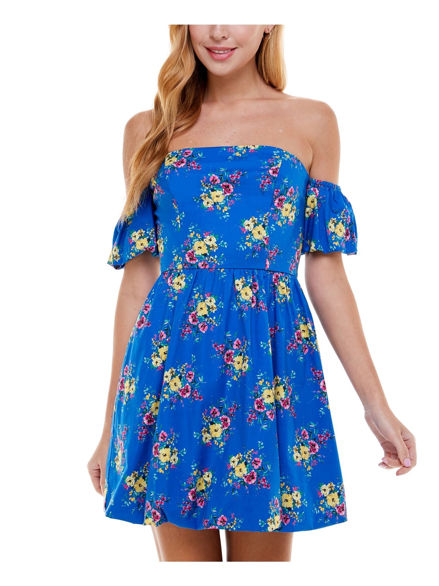 CITY STUDIO Womens Blue Zippered Floral Short Sleeve Off Shoulder Short Party Fit + Flare Dress 3