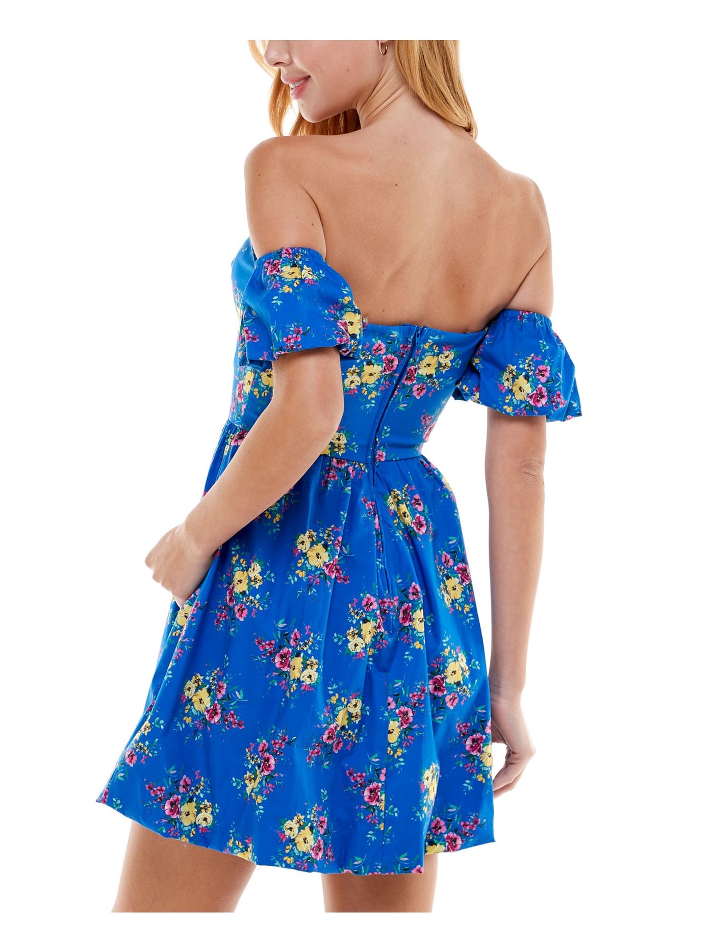 CITY STUDIO Womens Blue Zippered Floral Short Sleeve Off Shoulder Short Party Fit + Flare Dress 3