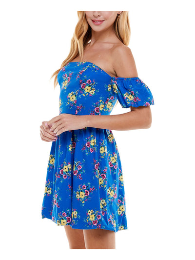 CITY STUDIO Womens Blue Zippered Floral Short Sleeve Off Shoulder Short Party Fit + Flare Dress 3