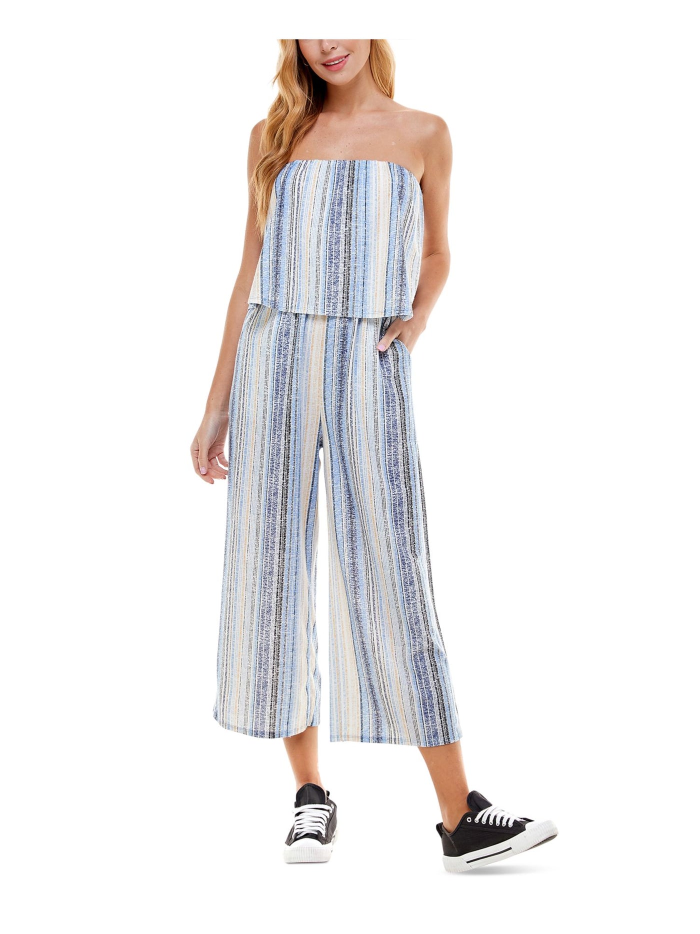 KINGSTON GREY Womens Light Blue Ruffled Gaucho Striped Sleeveless Strapless Cropped Jumpsuit M