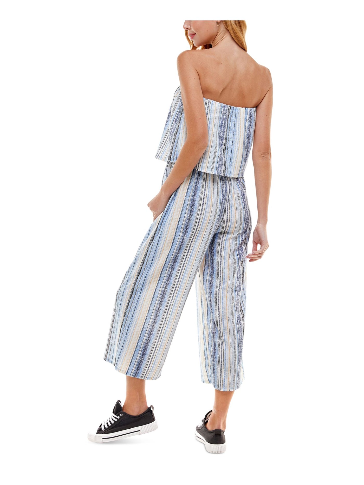 KINGSTON GREY Womens Blue Ruffled Gaucho Striped Sleeveless Strapless Cropped Jumpsuit XS