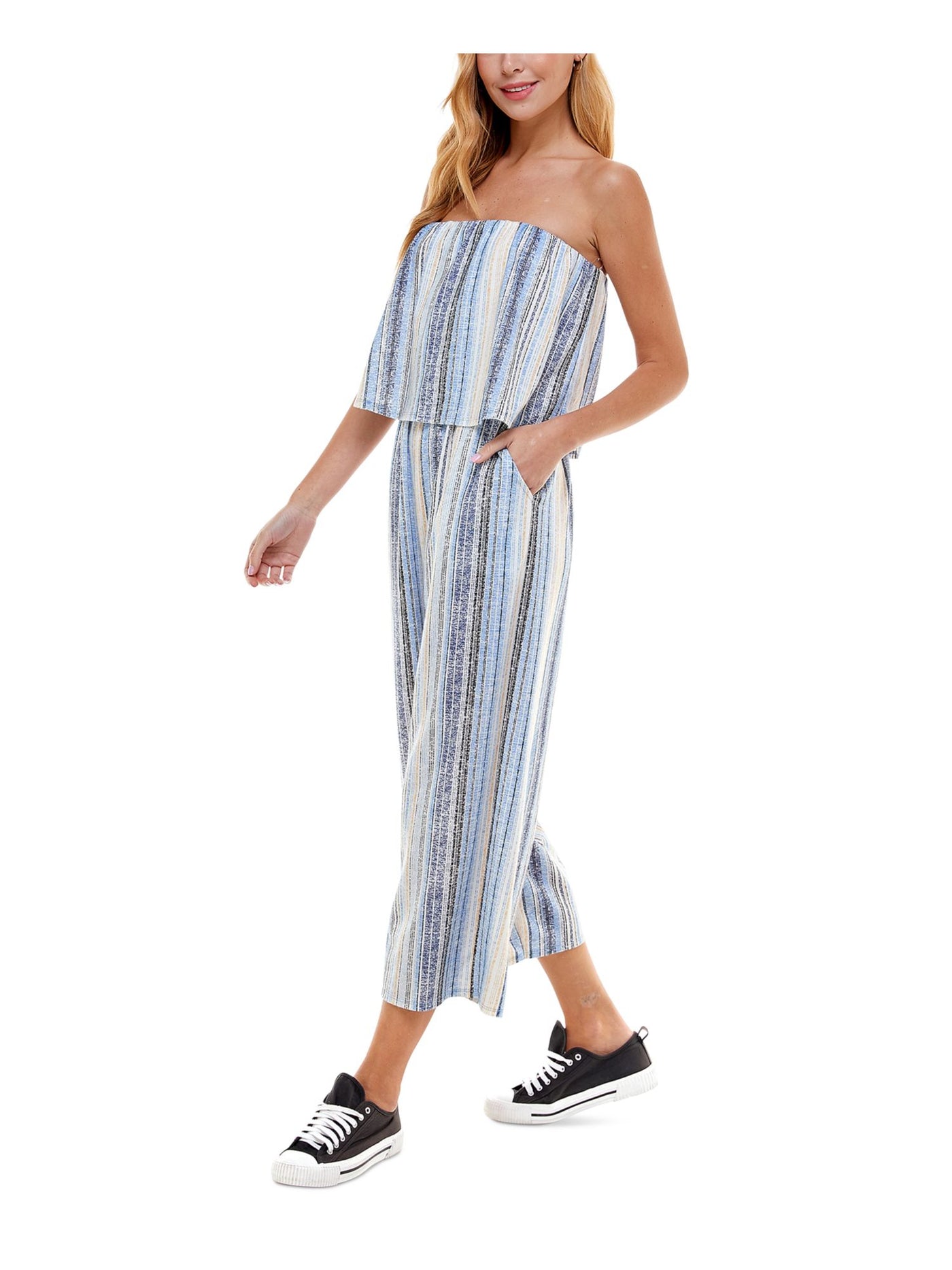 KINGSTON GREY Womens Blue Ruffled Gaucho Striped Sleeveless Strapless Cropped Jumpsuit S