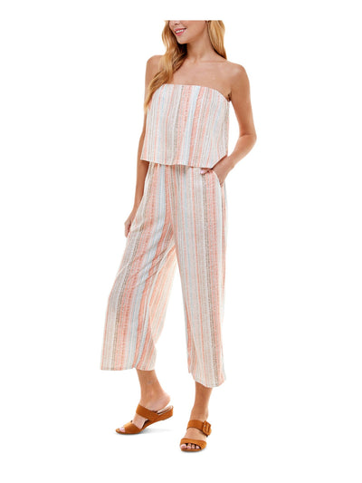 KINGSTON GREY Womens Coral Ruffled Gaucho Striped Sleeveless Strapless Cropped Jumpsuit L