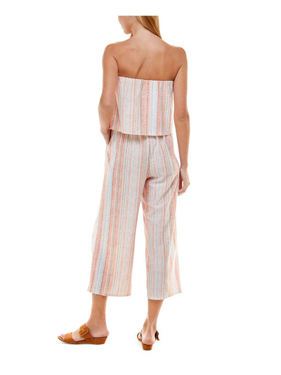 KINGSTON GREY Womens Coral Ruffled Gaucho Striped Sleeveless Strapless Cropped Jumpsuit L