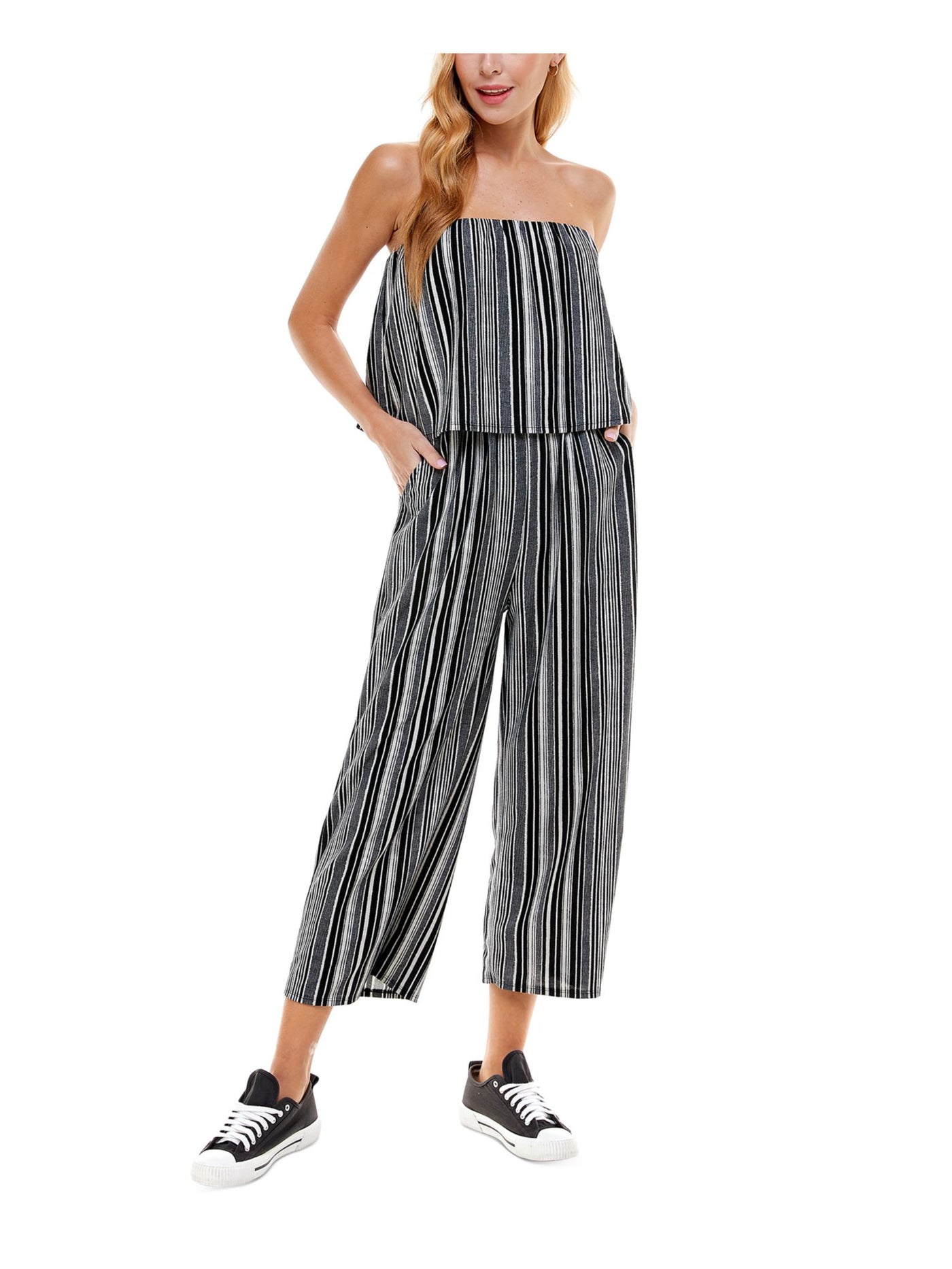 KINGSTON GREY Womens Black Pocketed Gaucho Elastic Waistband Popover Striped Strapless Wide Leg Jumpsuit XS