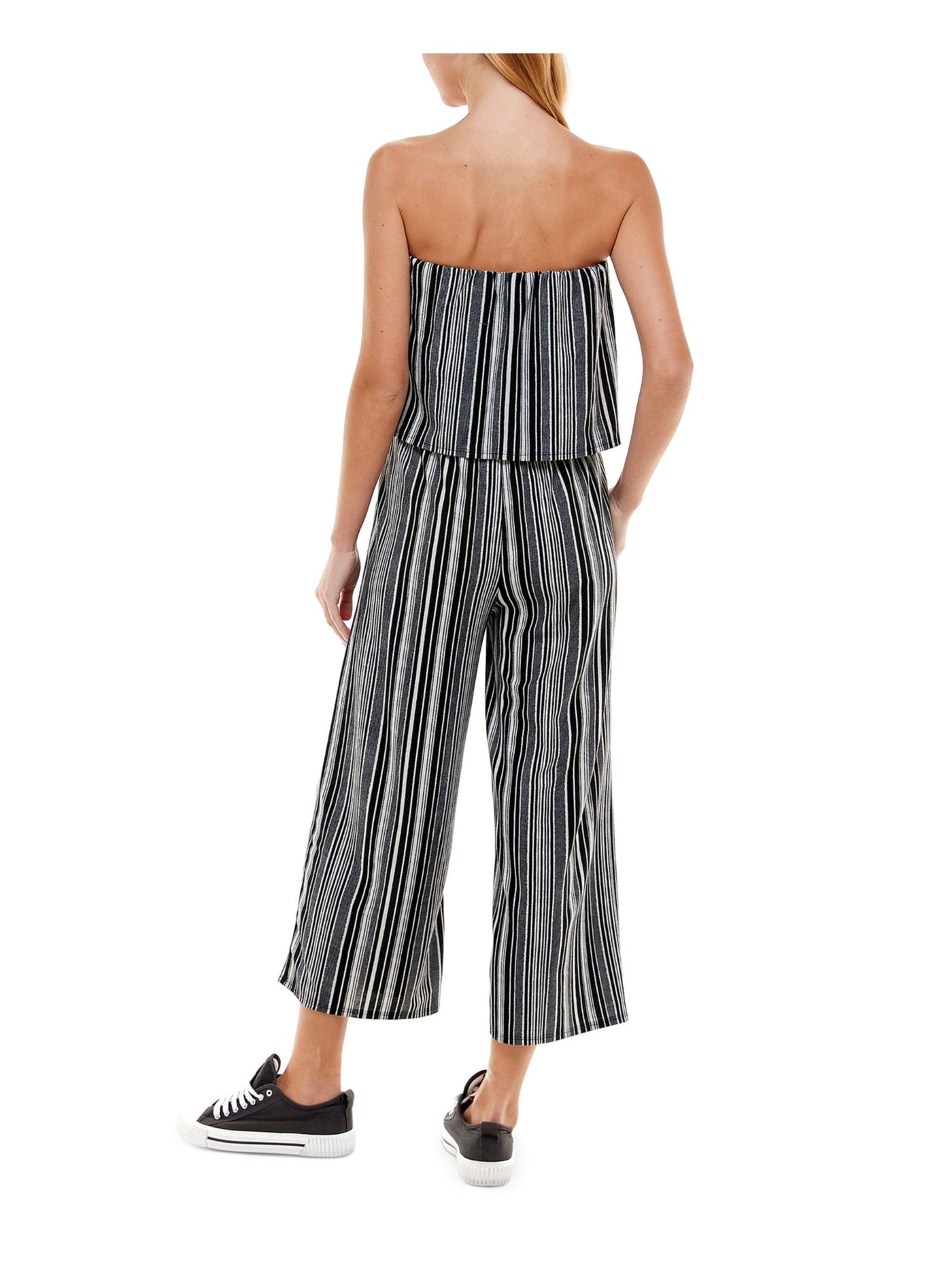 KINGSTON GREY Womens Black Pocketed Gaucho Elastic Waistband Popover Striped Strapless Wide Leg Jumpsuit M