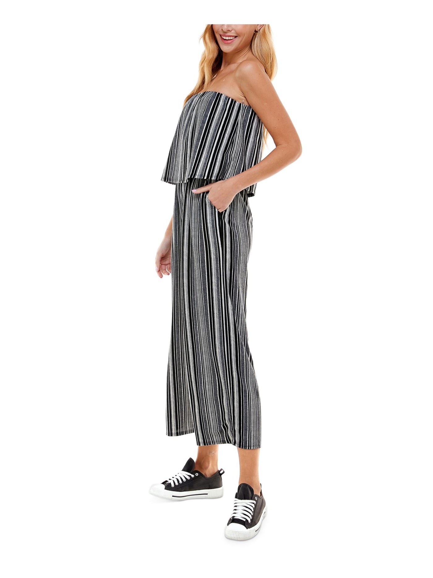 KINGSTON GREY Womens Black Pocketed Gaucho Elastic Waistband Popover Striped Strapless Wide Leg Jumpsuit XS