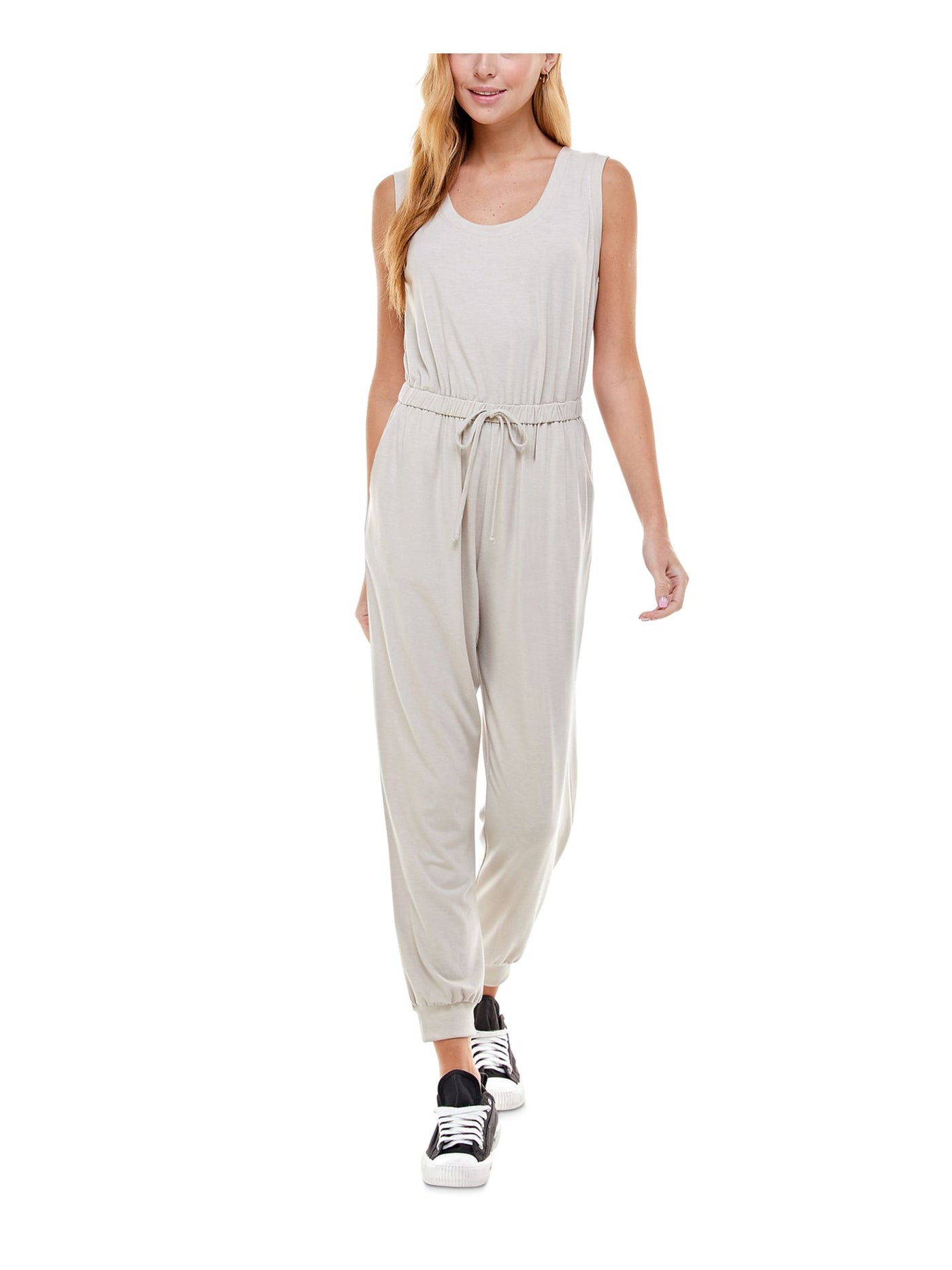 KINGSTON GREY Womens Beige Stretch Tie Pocketed Sleeveless Scoop Neck Lounge Jumpsuit S