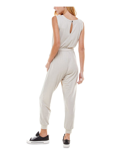 KINGSTON GREY Womens Beige Stretch Tie Pocketed Sleeveless Scoop Neck Lounge Jumpsuit S