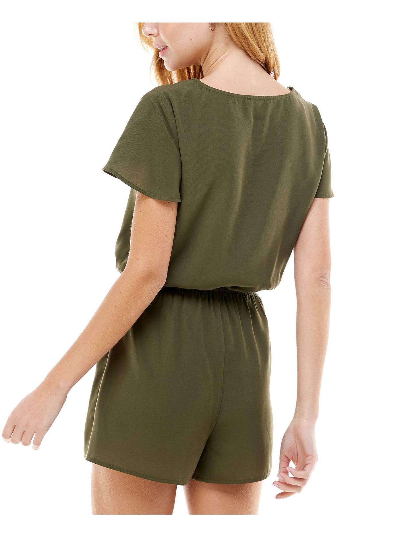 KINGSTON GREY Womens Green Pocketed Tie Short Sleeve Surplice Neckline Romper L