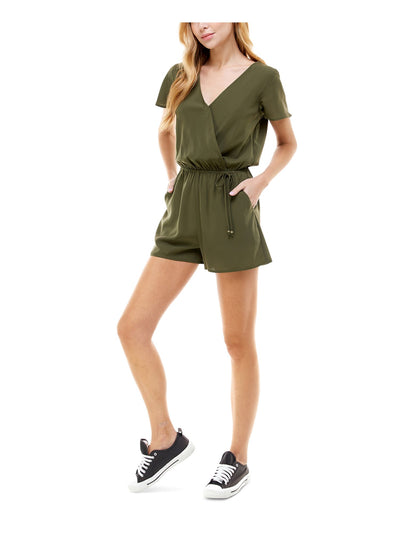 KINGSTON GREY Womens Green Pocketed Tie Short Sleeve Surplice Neckline Romper L