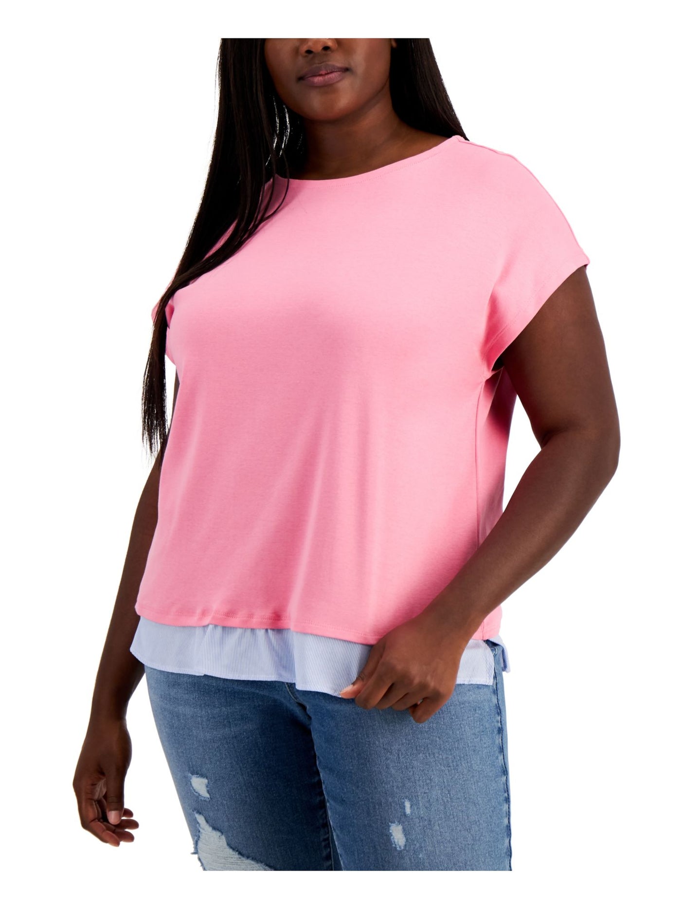 TOMMY HILFIGER Womens Pink Cap Sleeve Jewel Neck Top Plus 2X