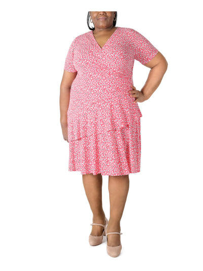 ROBBIE BEE Womens Pink Stretch Gathered Ruffled At Skirt Floral Short Sleeve Surplice Neckline Below The Knee Wear To Work Fit + Flare Dress Plus 3X