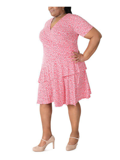 SIGNATURE BY ROBBIE BEE Womens Coral Stretch Gathered Ruffled At Skirt Floral Short Sleeve Surplice Neckline Below The Knee Wear To Work Fit + Flare Dress Plus 3X