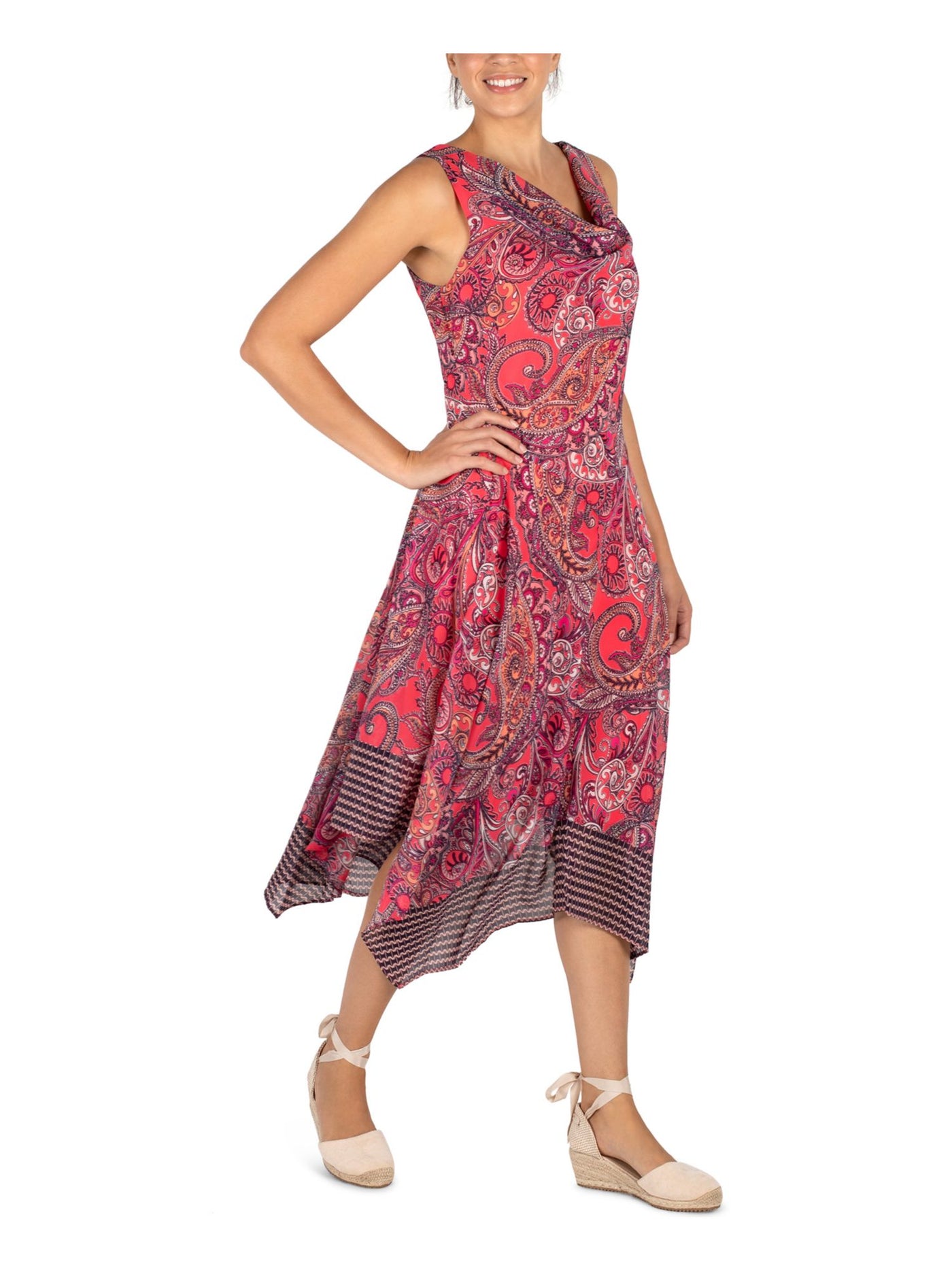 SIGNATURE BY ROBBIE BEE Womens Pink Printed Sleeveless Cowl Neck Midi Party Sheath Dress Petites 6P